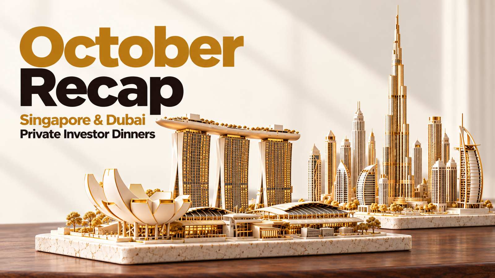 Singapore and Dubai architectural miniatures on a shared dinner table, created for the Legends October recap.