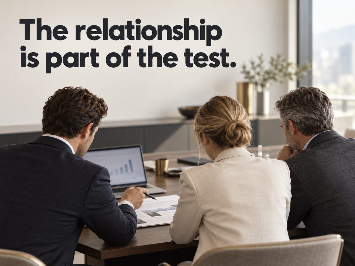 A team reviewing an investment proposal with the headline: The relationship is part of the test.